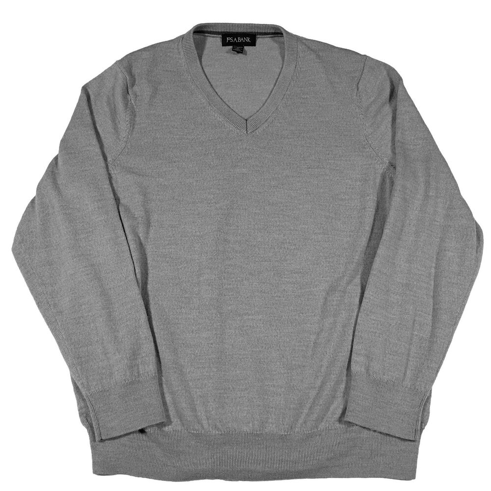 Jos A Bank Gray Merino Wool Sweater Tailored Fit V Neck Mens L Preppy Minimalist